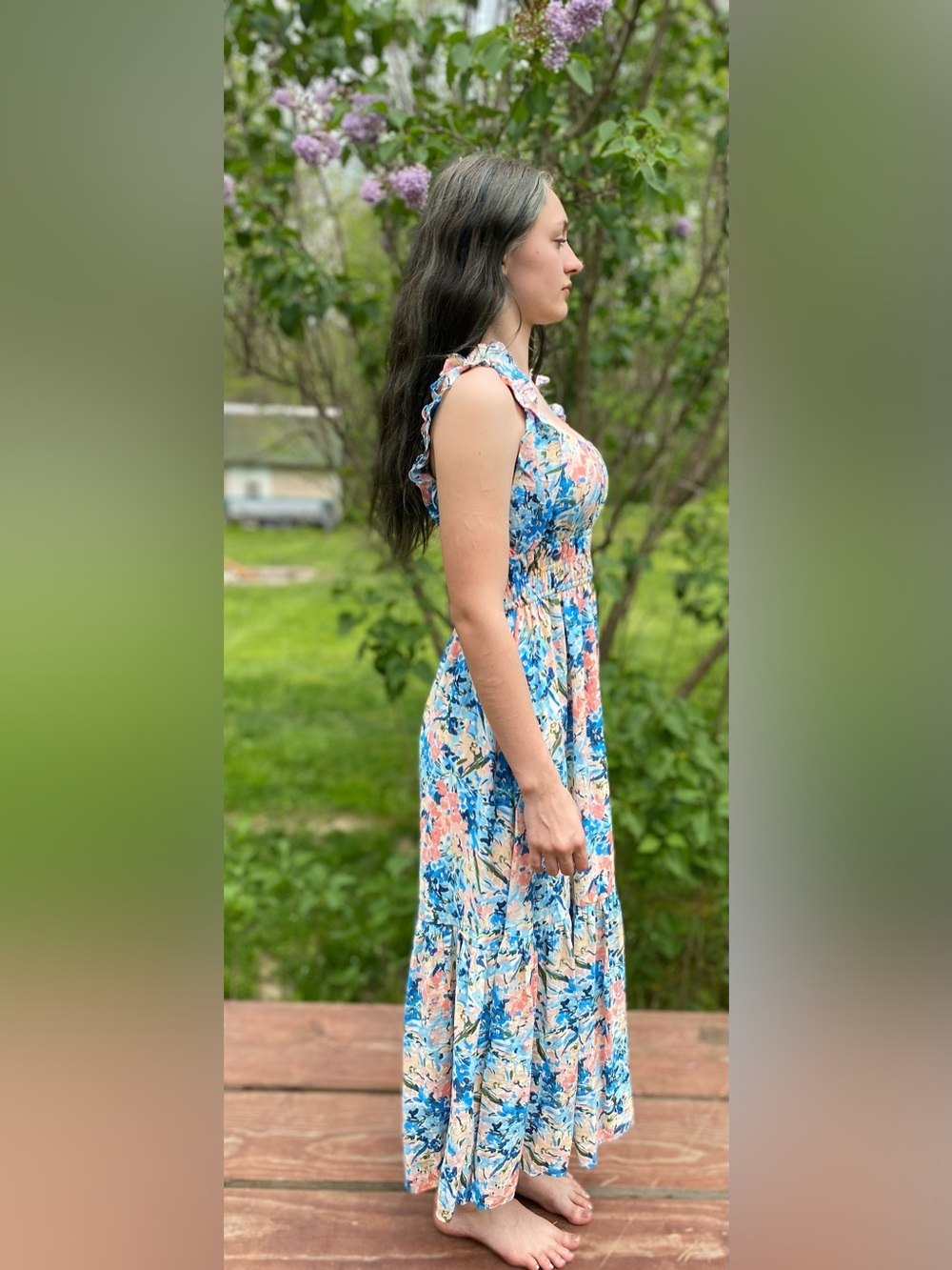Abercrombie & Fitch Floral Ruffle Maxi Dress in Blue and Peach NWT Size XS - Picture 2 of 15